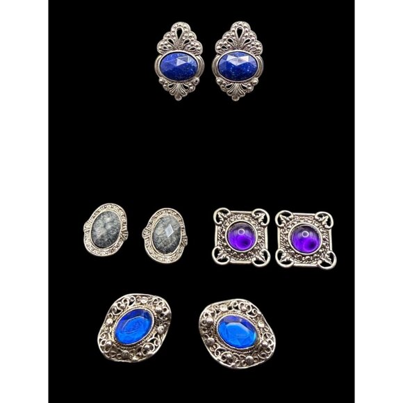 Jewelry - Vintage 80s Silver Blue Purple Faux Cabochon Tone Clip-On Earrings Lot 4 Pairs